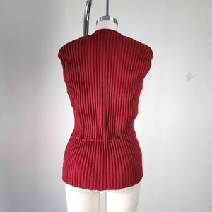 Vintage 1980s Ribbed Wool Cardigan Vest Tie Waist, Burgundy Knit, UK Made image 2