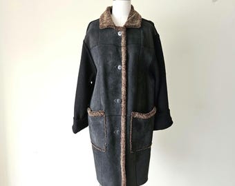 1990s Genuine Suede Sherpa & Wool Coat • Vintage DOMINIC BELLISSIMO Oversized Black Lambskin Leather Overcoat • Size S - M