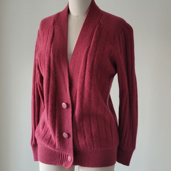 1990s Wool Angora Ribbed Pink Cardigan Sweater Si… - image 2