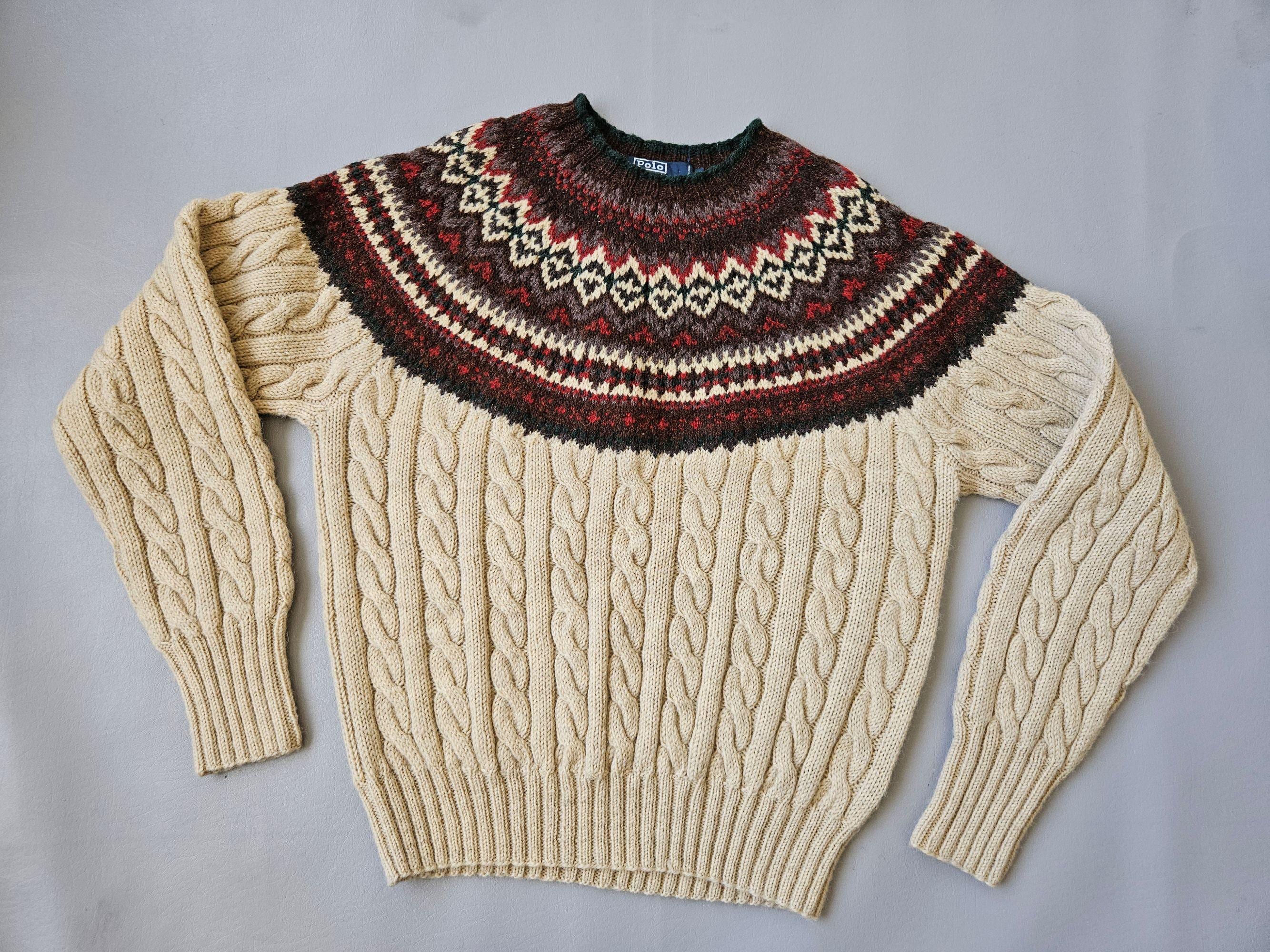 Y2K POLO Ralph Lauren Castaway Sweater, Beige Wool Fair Isle Knit 