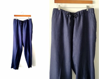 Thick Linen Blue Pull up Pants • Elastic Waist Lounging Pants with Pockets • Size L Large