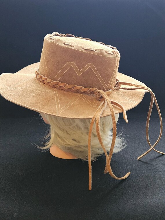 Vintage 1970s Brown Suede Boho Hat Small Size S Leather Wide  display picture 3