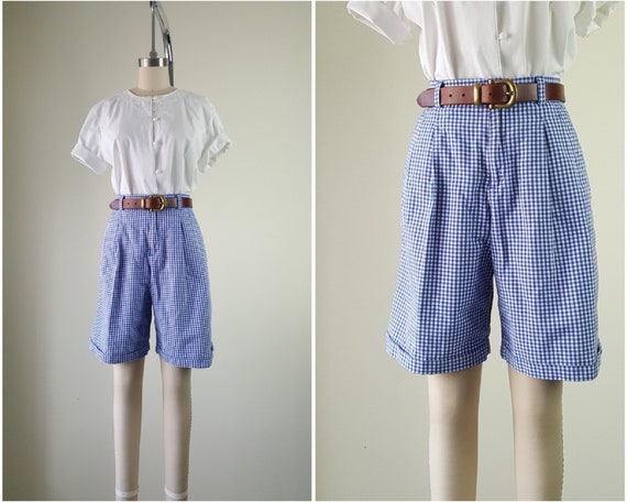 60s Blue White Gingham Checkered High Waist Bloomer Shorts xxs