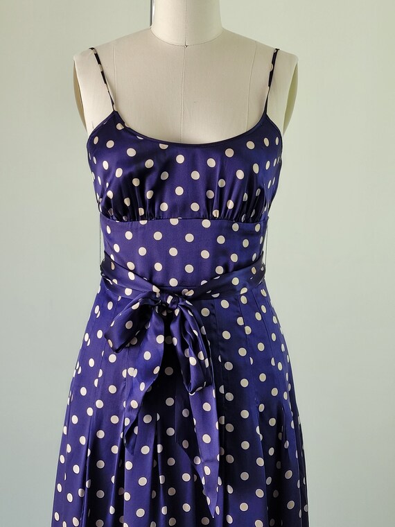 1950s Style Silk Sundress • Fitted Blue Polka Dot… - image 5