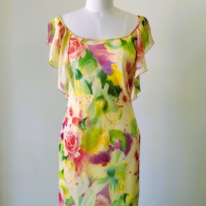 1990s Y2K Silk Chiffon Bias Dress – Watercolor Floral – Size Medium