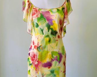1990s Y2K Silk Chiffon Bias Dress – Watercolor Floral – Size Medium