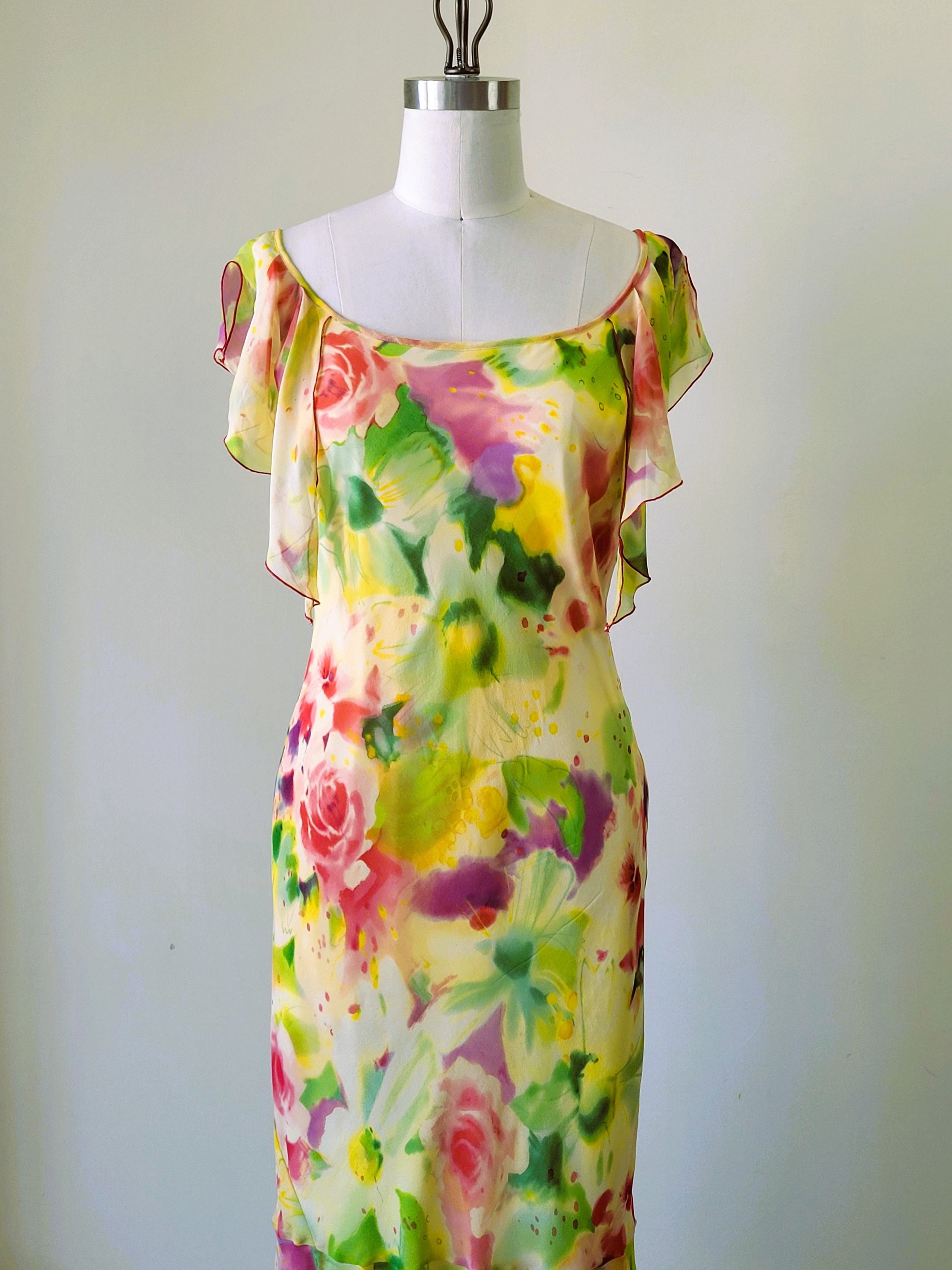 Y2K-jurk jaren 90 zijden chiffon biaisband – aquarel bloemen – maat medium