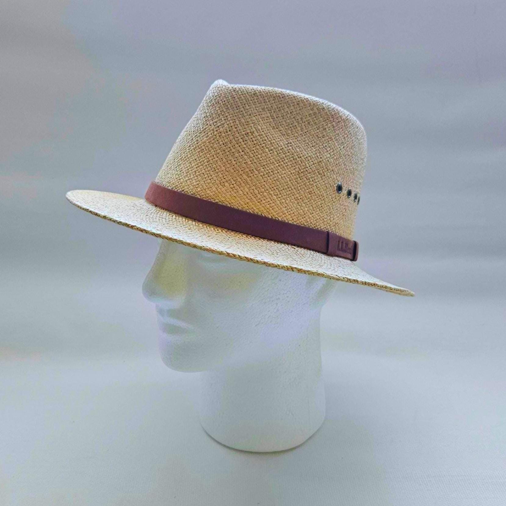 Vintage L.L. Bean Panama Hat Handwoven Ecuador Straw Fedora Wide Brim Feather VINTAGE L.L. Bean Panama Straw Fedora Hat Small Beige  main image 2
