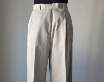 1990s TALBOTS High Waist Trousers, Beige Khaki Cotton Pants, Pleated Front, Relaxed Fit, Made in Hong Kong, Size 8, 27" Waist