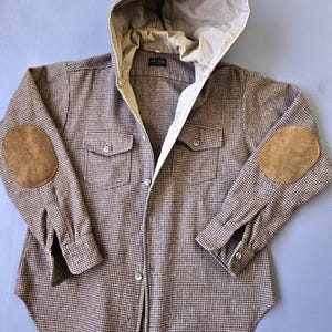 1970s Wool Hooded Beige Shacket, Norman Shirtmakers Houndstooth Jacket with Suede Elbow Patches, Men S M