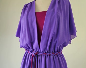 1970s Grecian Poly Jersey Disco Dress, Purple Burgundy Flutter Sleeve, Size S