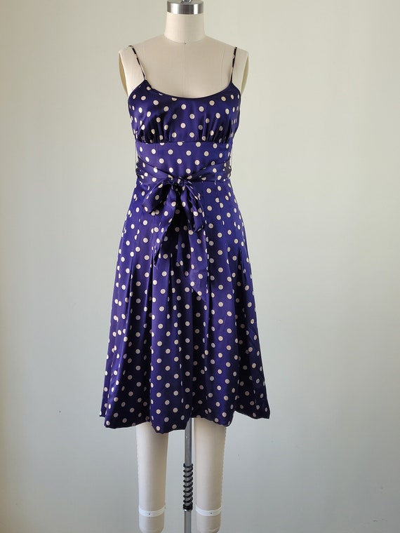 1950s Style Silk Sundress • Fitted Blue Polka Dot… - image 2