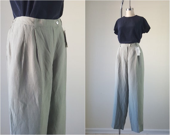Unworn Olive Silk Pleated Trousers L / XL • High W