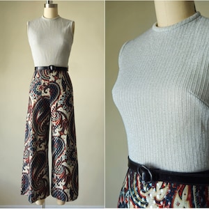 1970s TONI TODD Lurex Jumpsuit Small Silver Metallic Knit Mod Wide Leg Party Romper Paisley Print Vintage Disco Outfit S