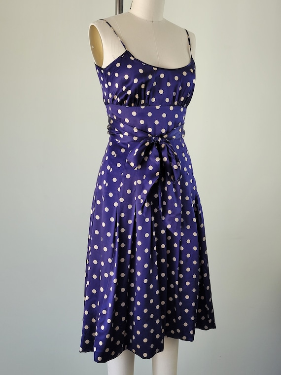 1950s Style Silk Sundress • Fitted Blue Polka Dot… - image 3