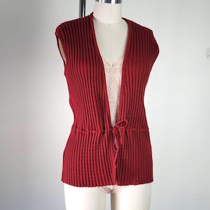 Vintage 1980s Ribbed Wool Cardigan Vest Tie Waist, Burgundy Knit, UK Made image 1