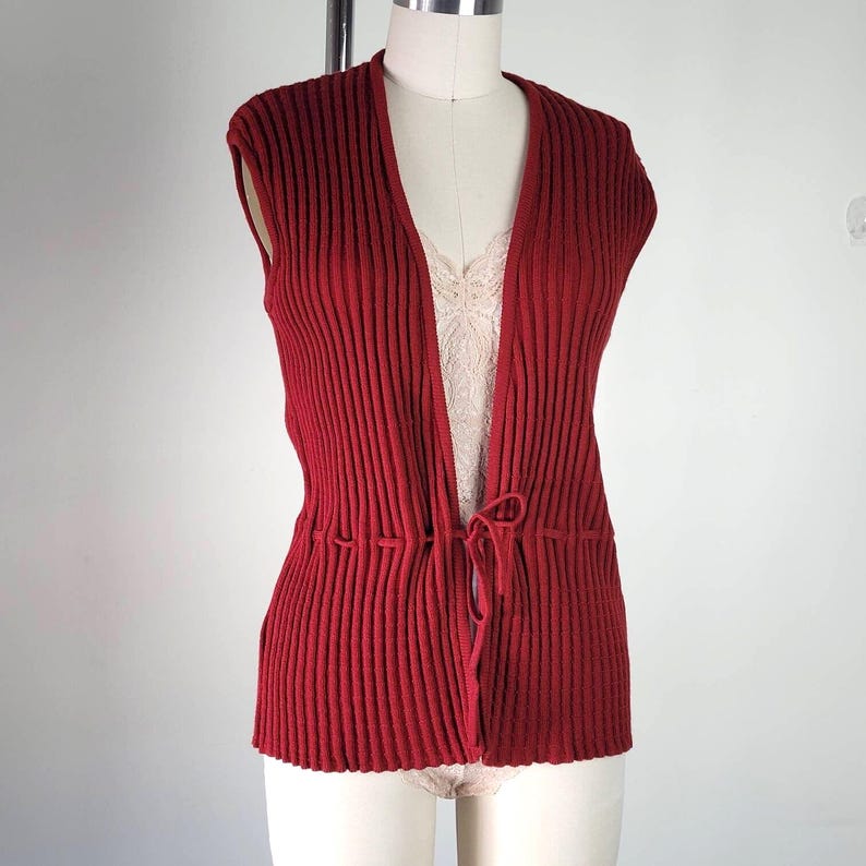Vintage 1980s Ribbed Wool Cardigan Vest Tie Waist, Burgundy Knit, UK Made image 1