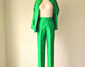 1970s GUMP'S Thai Silk Pants – Green High Waist Vintage Trousers – Shimmering Lined Silk – Side Zip – Size S XS