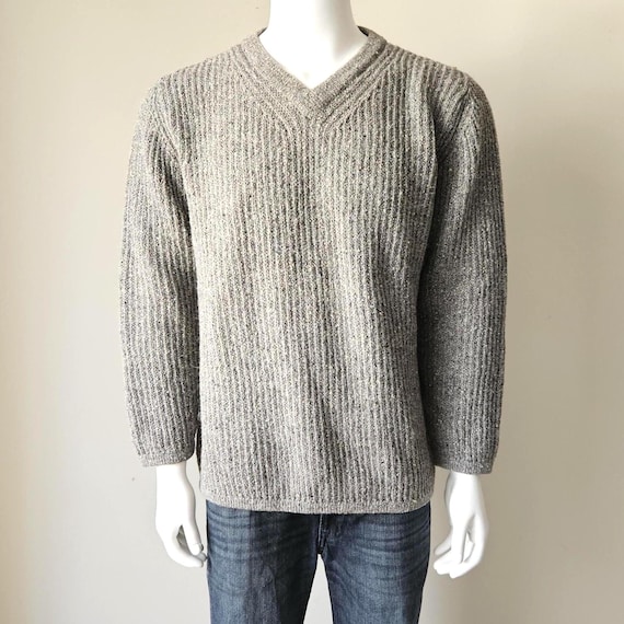 Vintage TUMI Alpaca Wool Sweater, Gray Marled Ribbed V Neck Pullover Large, Made in Peru