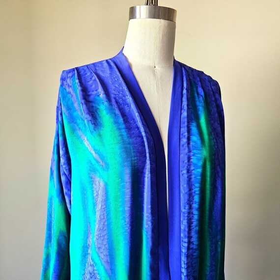 Painted Robe 1990s Hand-Painted Silk Robe, Blue Green Watercolor A… - Gem