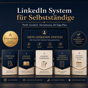 Può includere: Un set di prodotti digitali intitolato LinkedIn System für Selbstständige con cinque schede numerate da 1 a 5. Le schede includono Start Here Lizenz, LinkedIn Ratgeber, LinkedIn Workbook, LinkedIn Checklisten & Arbeitsblätter e 30-Tage LinkedIn Plan.