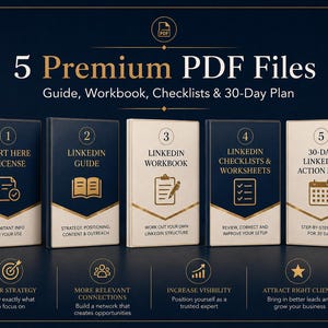 Könnte beinhalten: Fünf Premium-PDF-Dateien, bestehend aus einem Leitfaden, Arbeitsbuch, Checklisten und einem 30-Tage-Plan. Die digitalen Dokumente sind mit marineblauen und goldenen Einbänden dargestellt, die jeweils nummeriert sind und LinkedIn-Symbole tragen.