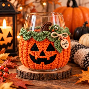 Halloweenpumpa i glas - Virkmönster | Jack-O'-Lantern-mugg i PDF-format | Enkel Amigurumi | Digital nedladdning