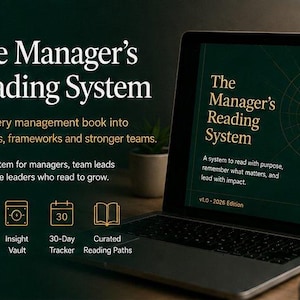 May include: A laptop displays "The Manager's Reading System" on its screen, a PDF system for managers. The image includes text about turning books into decisions and frameworks. Icons for a deep read template, insight vault, 30-day tracker, and curated reading paths are also visible.