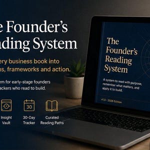 Op de afbeelding: Een laptop toont "The Founder's Reading System", een systeem om zakelijke boeken om te zetten in beslissingen. De afbeelding bevat pictogrammen voor een diepe leessjabloon, een insight vault, een 30-daagse tracker en samengestelde leespaden.