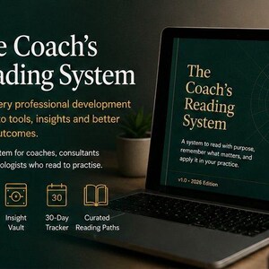 May include: A laptop displays "The Coach's Reading System" on its screen. The text describes a PDF system for coaches and consultants. The image also includes icons for a deep read template, insight vault, 30-day tracker, and curated reading paths.