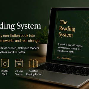 May include: A laptop screen shows "The Reading System", a PDF system for readers. The image features icons for a deep read template, insight vault, 30-day tracker, and curated reading paths. A coffee cup is visible on a wooden surface.