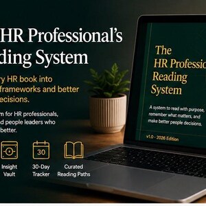 May include: A laptop displays "The HR Professional's Reading System" with a dark green background. The screen shows text about reading with purpose. The image includes a small plant and icons for a deep read template, insight vault, 30-day tracker, and curated reading paths.