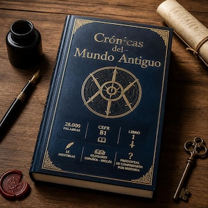 Op de afbeelding: Een donkerblauw hardcover boek getiteld Crónicas del Mundo Antiguo met goudkleurige letters en een centraal kompasontwerp. De kaft bevat tekst waaronder 28.000 palabras, CEFR B1, Libro 1, 15 historias, glosario español-inglés en preguntas.