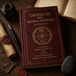 Op de afbeelding: Een donkerrood hardcover boek getiteld Crónicas del Mundo Antiguo La Tercera Ley met goudkleurige reliëftekst en een cirkelvormig geometrisch embleem. Daarnaast liggen een zwarte vulpen, een perkamentrol met een rood waszegel en een sleutel.