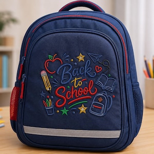 Könnte beinhalten: Ein marineblauer Rucksack mit gestickten Motiven zum Thema Schule, darunter ein Apfel, ein Bleistift, Sterne, ein Buch und eine kleine Tasche. Der Schriftzug "Back to School" ist in Blau und Rot gestickt. Er hat rote Netzseitentaschen.