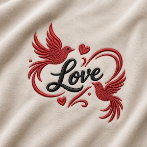 Könnte beinhalten: Ein beigefarbener Stoff mit einer Stickerei aus zwei fliegenden roten Vögeln, zwei kleinen roten Herzen und dem Wort Love in schwarzer Schreibschrift. Die Vögel sind auf gegenüberliegenden Seiten des schwarzen Textes platziert.