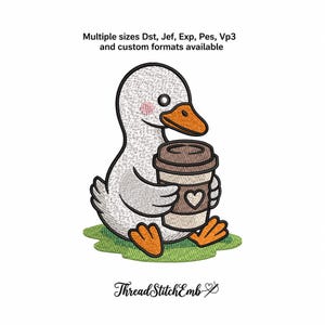 Coffee Loving Duck Machine Embroidery Design Cute Bird Holding Latte Pattern Trendy Animal Instant Download Digital File