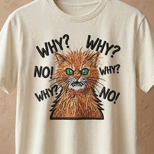 Könnte beinhalten: Ein cremefarbenes T-Shirt mit einer Stickerei eines grimmig dreinblickenden, zotteligen orangefarbenen Katers mit leuchtend grünen Augen. Der Text "WHY?" und "NO!" ist in Schwarz um den Kater gestickt und drückt Frustration aus.