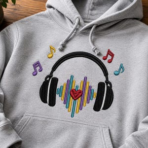 Headphones Soundwave Heart Embroidery Design Music Lover