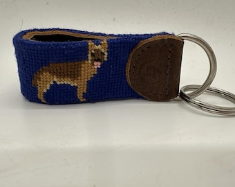 Leather Hand-Stitched Needlepoint Key Chain Boxer Dog New