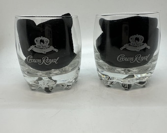 2 Crown Royal Whiskey Rocks Glasses Heavy Bottom Made In Italy Set 8 Point Vint.