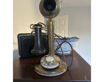 Antique American Bell Brass Candlestick telephone Patent 1915 All Cables And Box