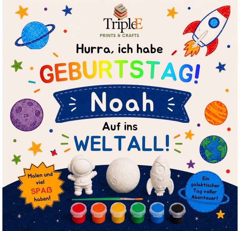 May include: A craft kit featuring a white ceramic astronaut, moon, and rocket ship, with six small paint pots in red, orange, yellow, green, blue, and black, a paintbrush, and space-themed graphics with the text Hurra, ich habe GEBURTSTAG! Noah Auf ins WELTALL!