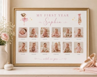 May include: A framed horizontal photo collage titled MY FIRST YEAR Sophia with a ballerina illustration and ballet slippers. It features twelve square photo slots labeled from 1 month to 1 year, with the text watch me grow at the bottom.