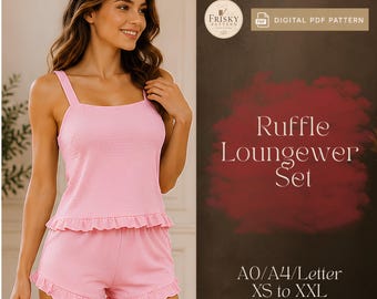 Patrón de costura en PDF para conjunto de ropa de estar por casa, patrón de conjunto de shorts con volantes y camisola, patrón de costura de lencería, conjunto de ropa de dormir, conjunto de pijama de verano.