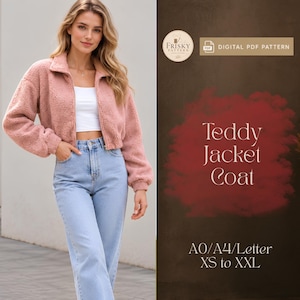 May include: A dusty pink zip-up teddy jacket with a collar, long sleeves, and a cropped fit. The image includes text: Frisky Pattern, Digital PDF Pattern, Teddy Jacket Coat, A0/A4/Letter, XS to XXL.