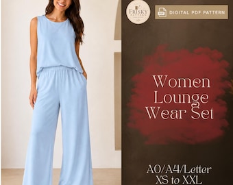 Patrón de costura en PDF para conjunto de dos piezas para mujer, conjunto de top holgado y pantalón de pierna ancha, conjunto de descanso a juego, patrón de conjunto de ropa de descanso de verano para mujer