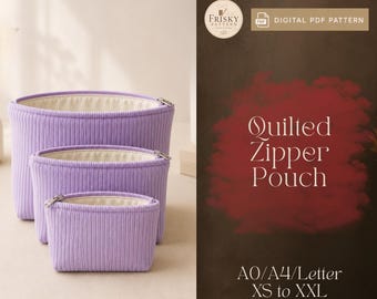 Patrón de costura en PDF para neceser de maquillaje, patrón de estuche acolchado con cremallera, neceser cuadrado, estuche esencial con cremallera, estuche acolchado para lápices, estuches en 3 tamaños