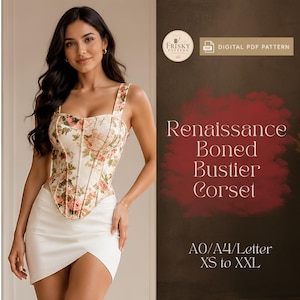 Può includere: Un corsetto bustier rinascimentale color crema con un motivo floreale di rose rosa e pesca. Il corsetto ha uno scollo quadrato e spalline larghe. L'immagine include anche il testo "Renaissance Boned Bustier Corset".