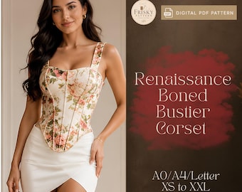 Patrón de costura de corsé con cordones en la espalda en PDF, chaleco bustier renacentista con ballenas, top de fantasía medieval, patrón de corsé romántico, patrón de corsé fácil
